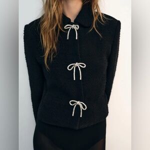 ZARA Women’s Bow Button Textured Jacket in Black -   L